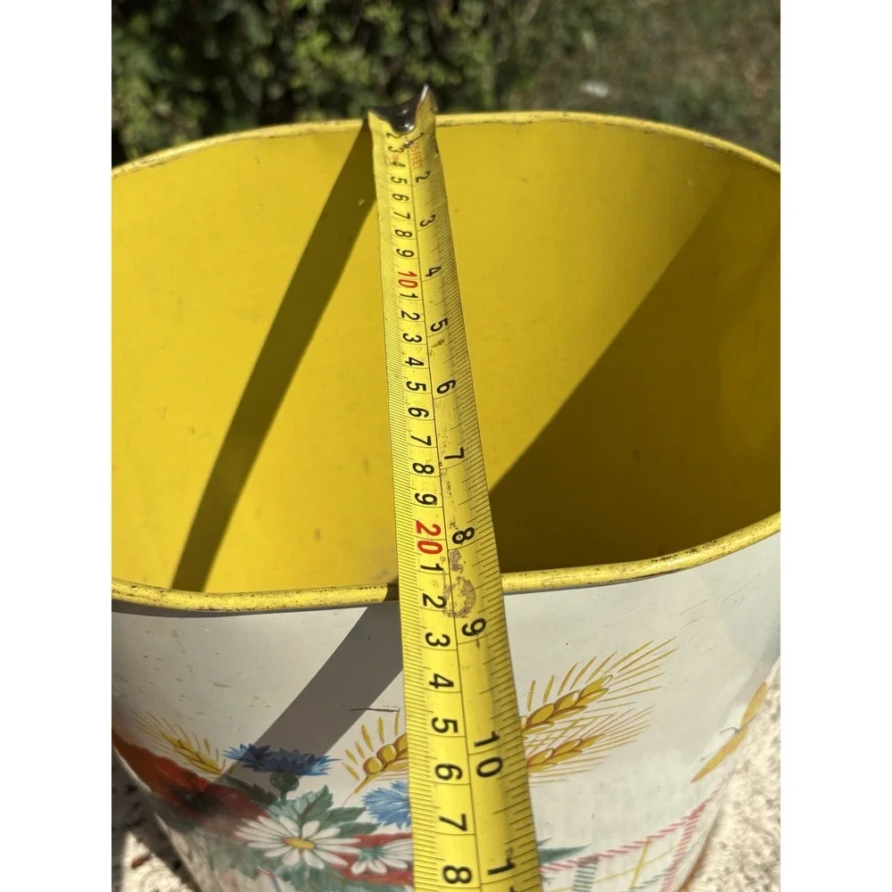 Vtg Mid Century Metal Trash Can Waste Basket Yellow Red White Floral Plaid 11.5